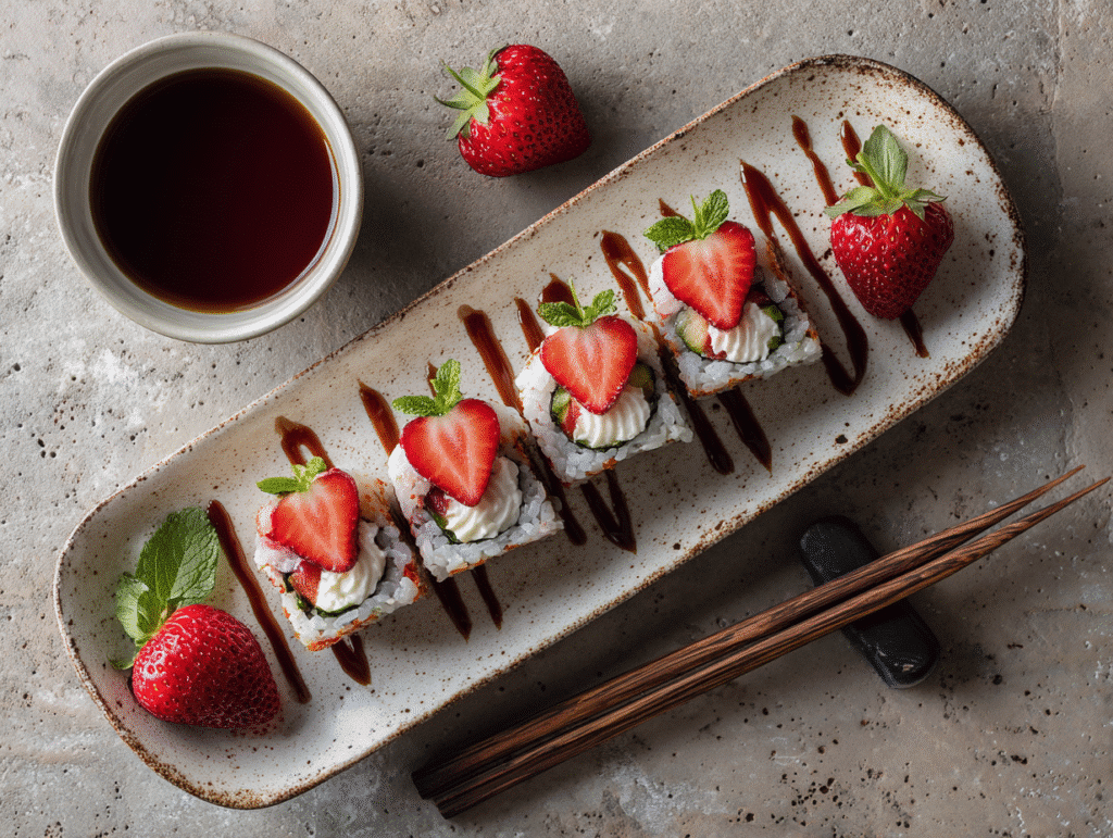 serving strawberry sushi rolls