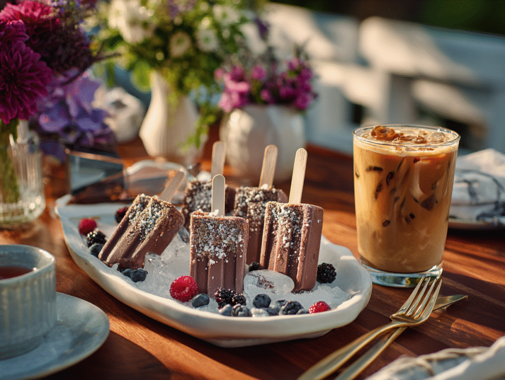 Brownie popsicles served with iced coffee