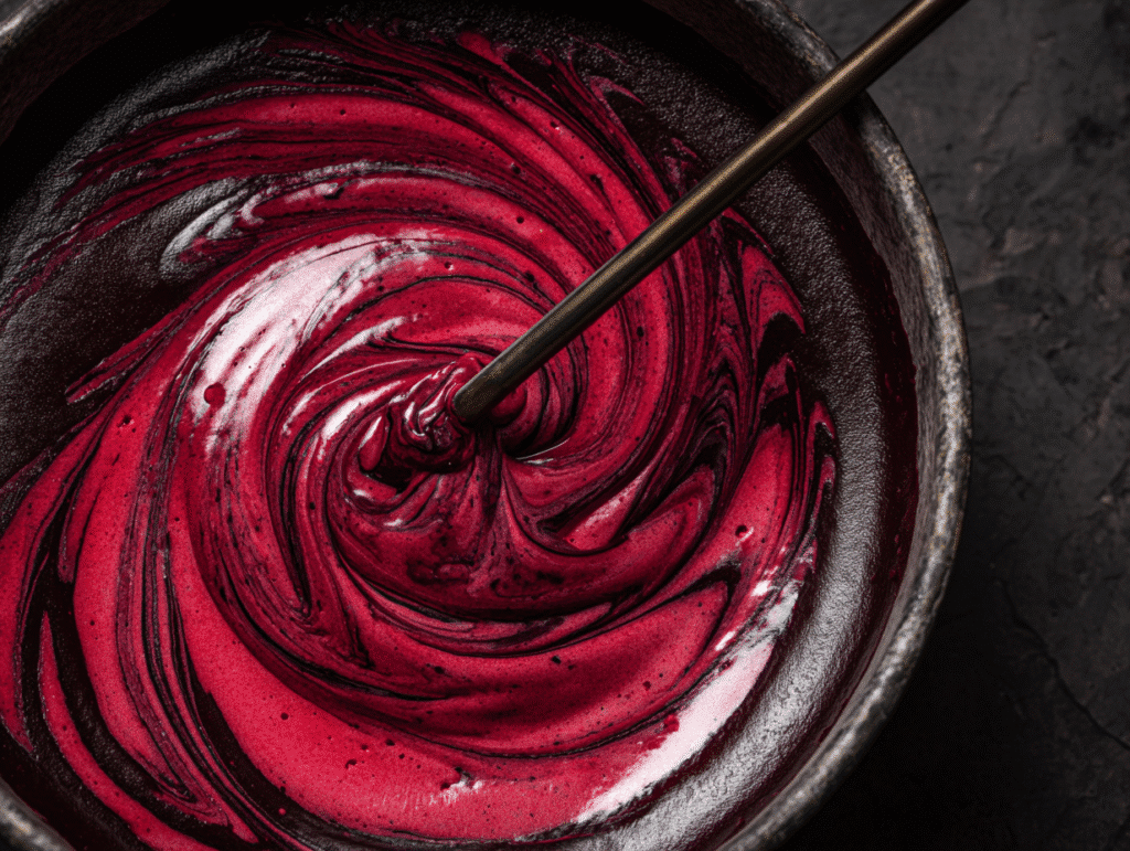 Swirling raspberry sauce into cheesecake