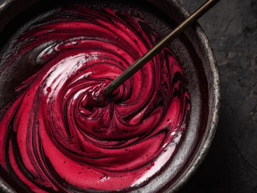 Swirling raspberry sauce into cheesecake