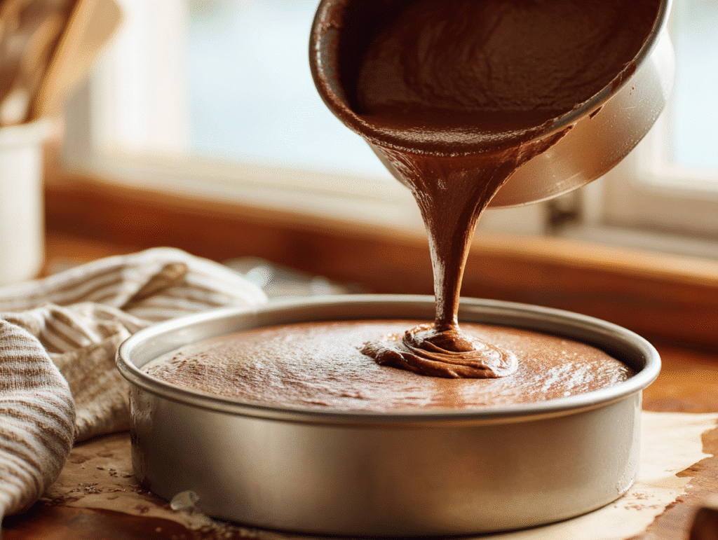 Keto chocolate cake batter in pan