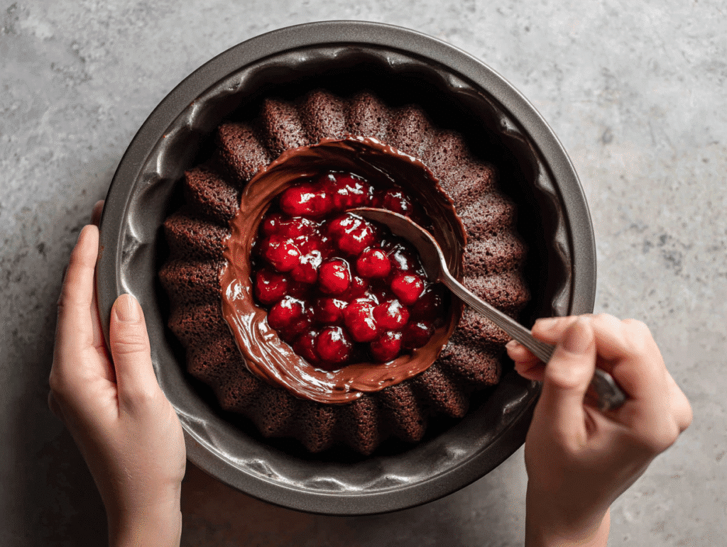 Filling cherry center in Black Forest Bundt Cake