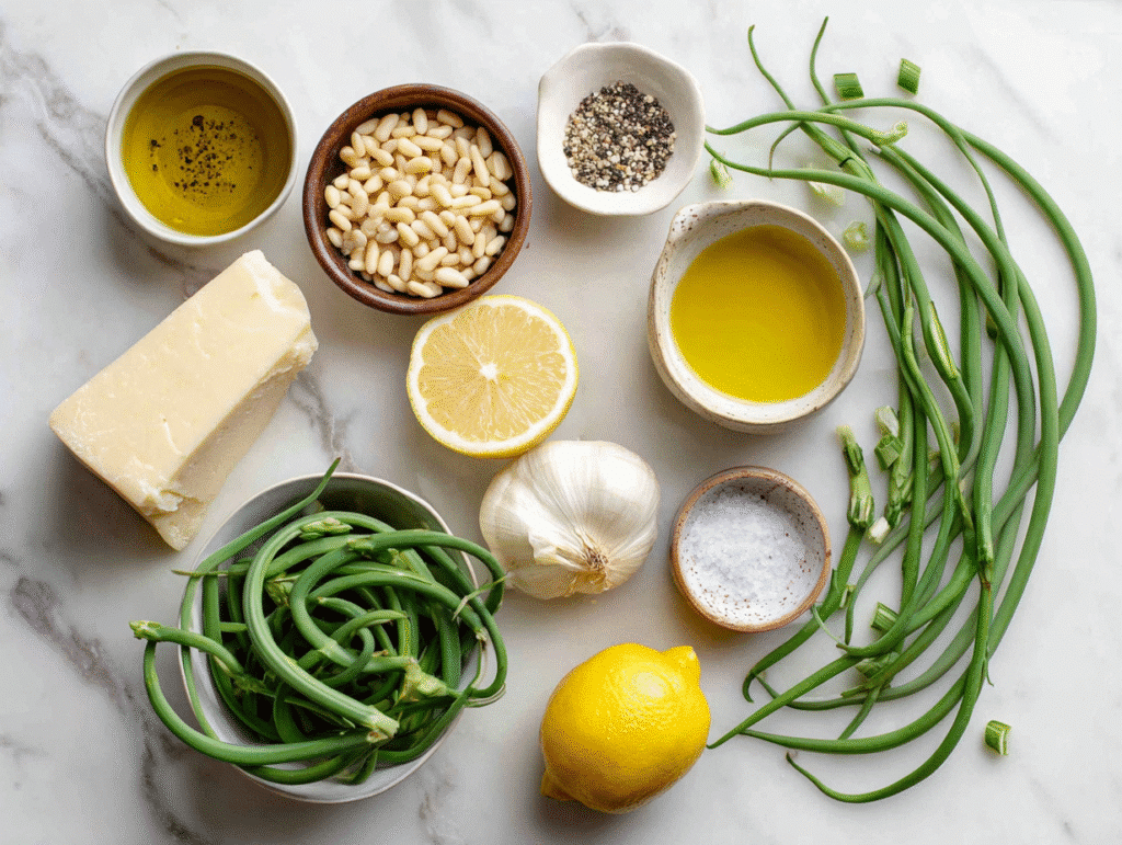 Garlic scape pesto ingredients laid out on white marble