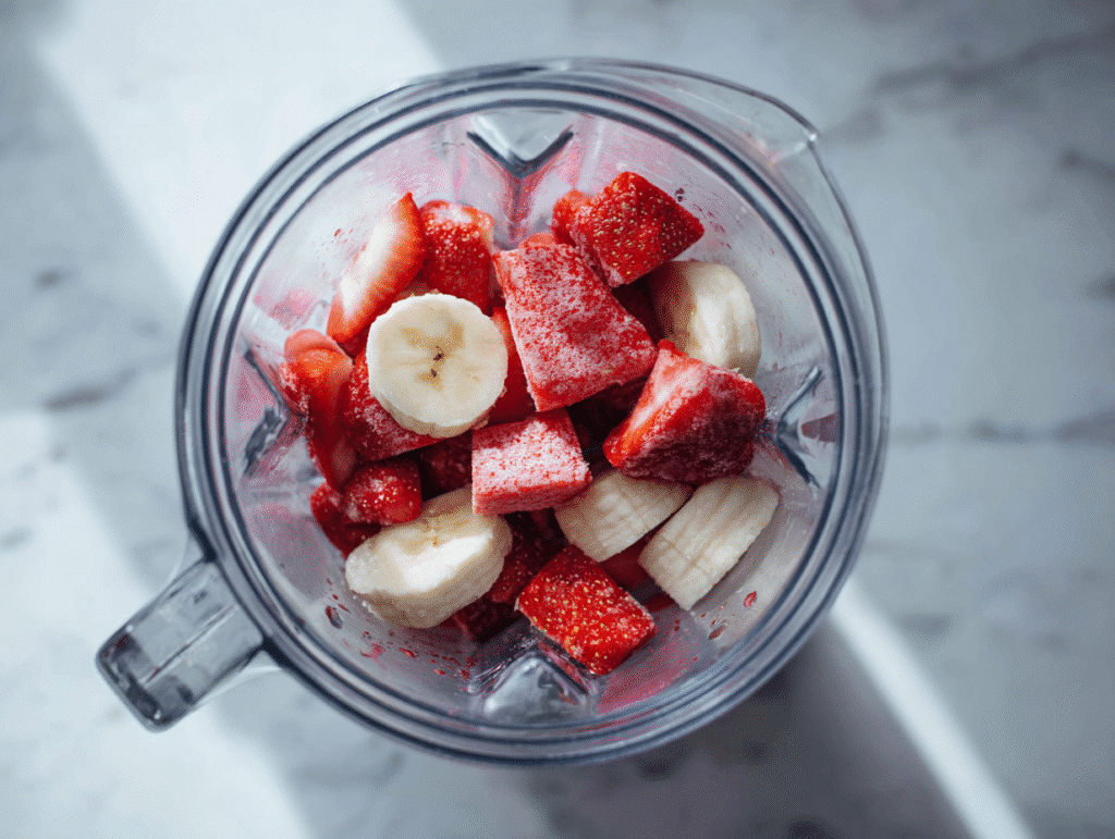 Adding fruit to blender for Dole Whip