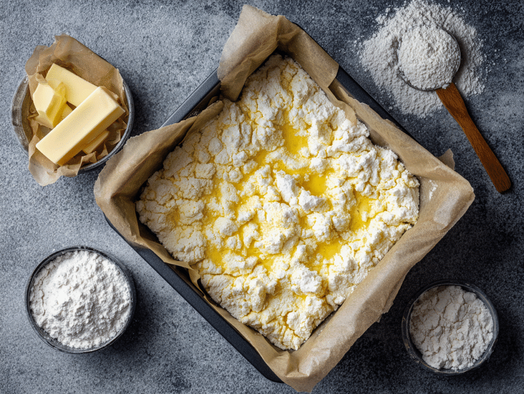 Dump cake with cake mix and butter ready to bake