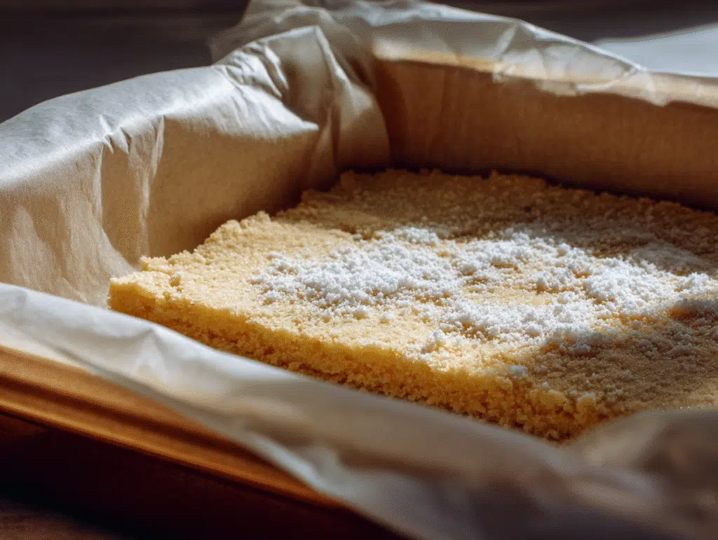 Coconut flour shortbread crust pressed into pan before baking