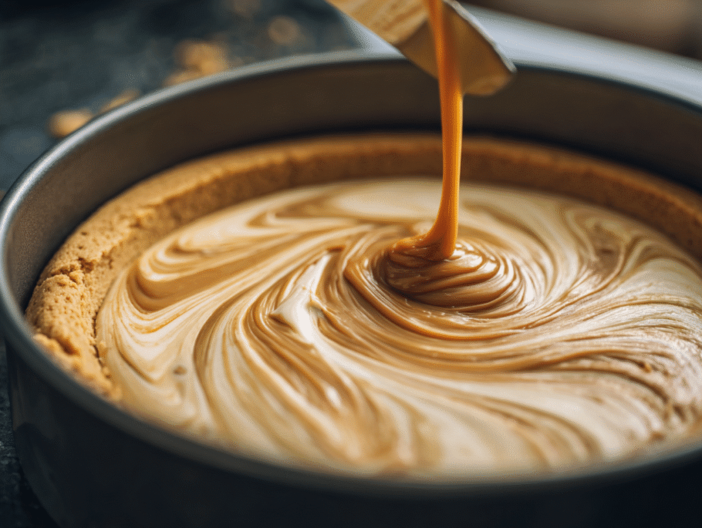 Swirling butterscotch sauce into cheesecake filling
