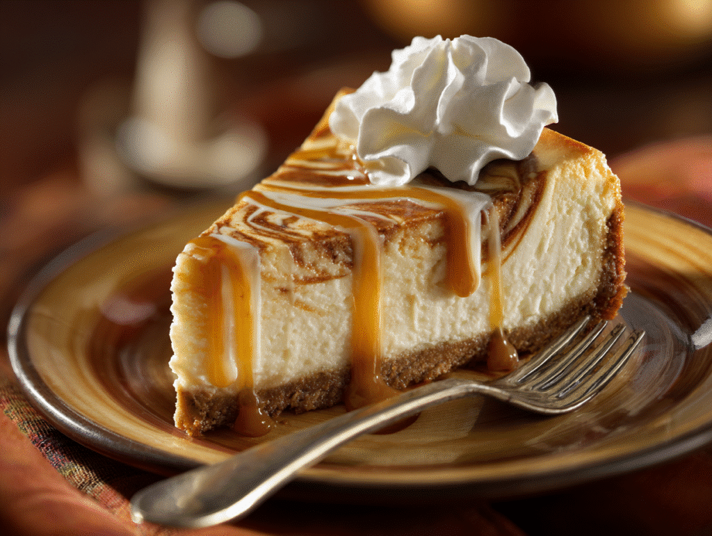 Slice of no-bake butterscotch swirl cheesecake with topping
