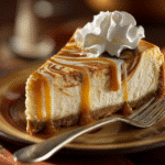 Slice of no-bake butterscotch swirl cheesecake with topping
