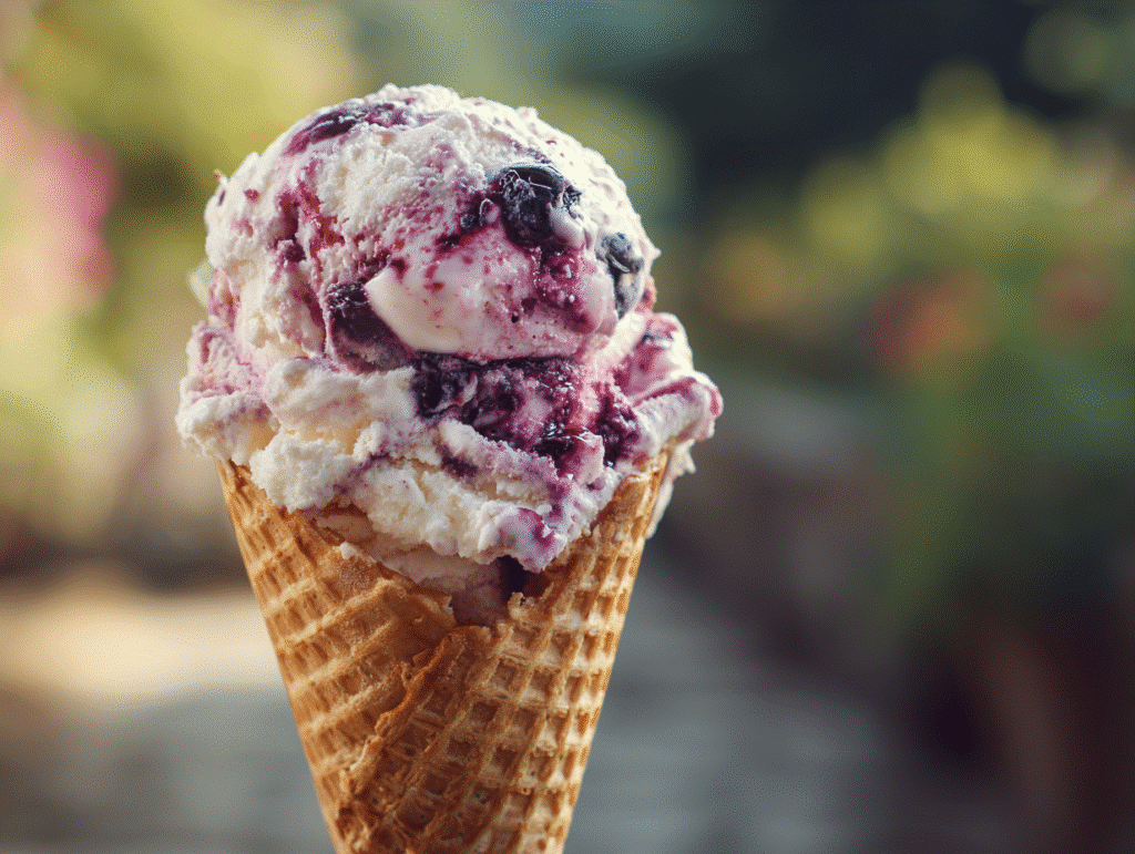 Scoop of blueberry swirl ice cream in cone