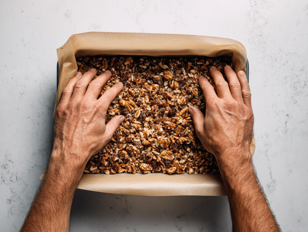 Pressing date mixture into a pan for candy bars
