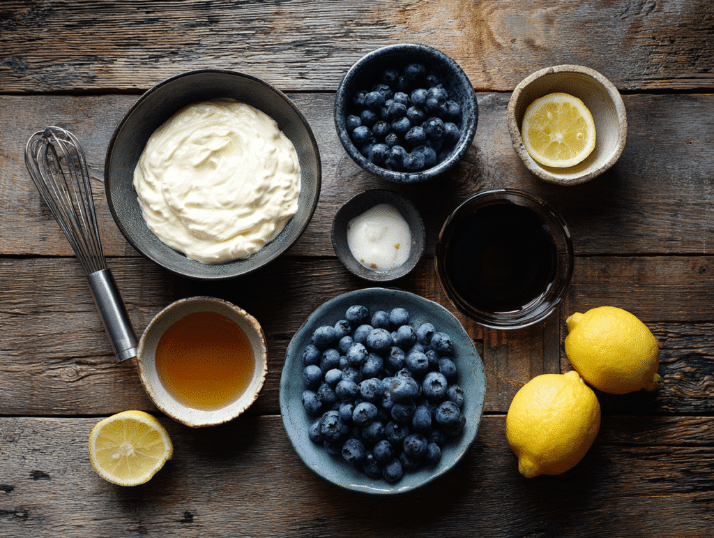 Blueberry swirl ice cream ingredients on wooden table
