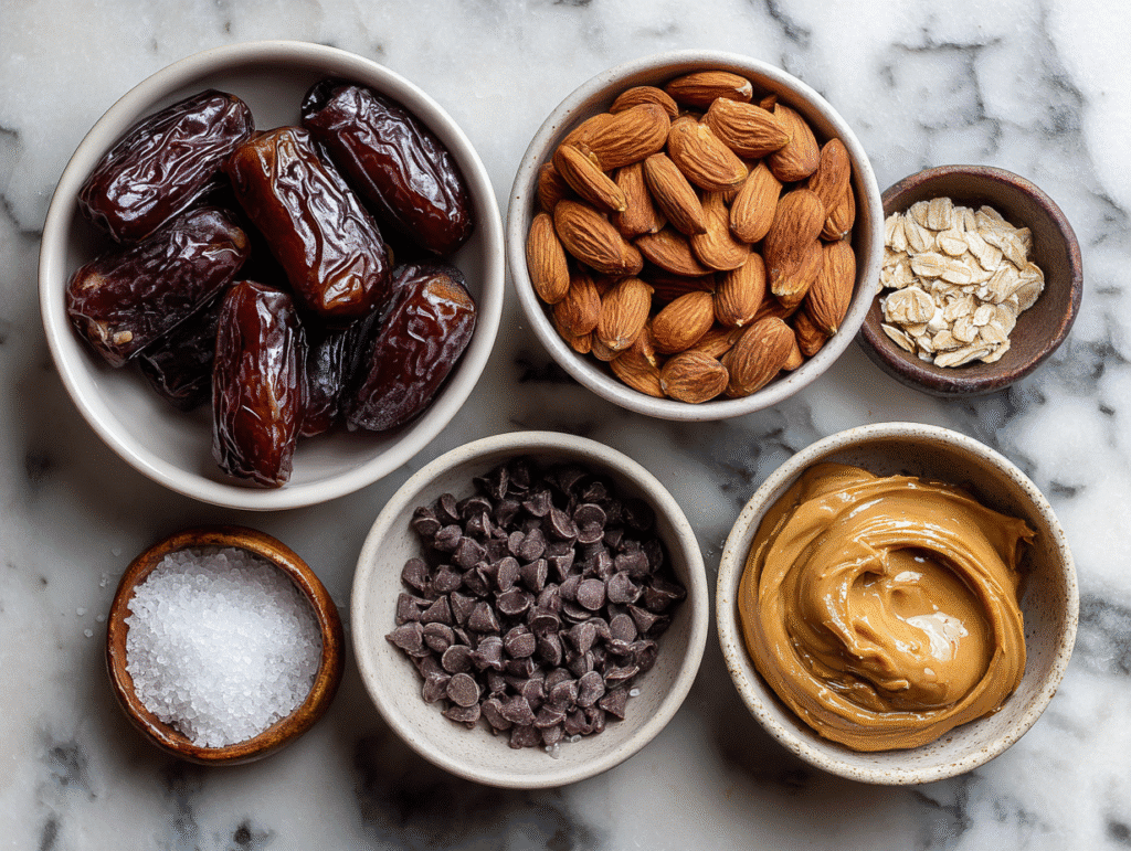 Ingredients for making date candy bars including dates, nuts, and chocolate