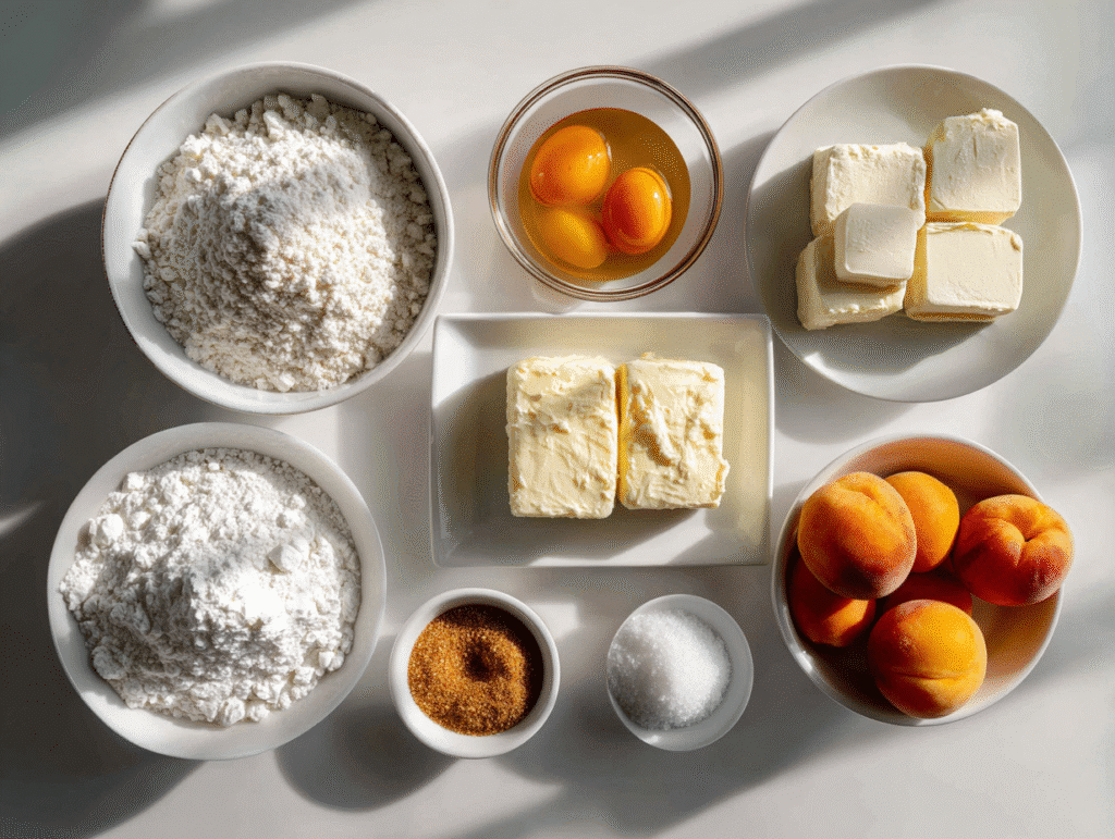 Ingredients for peach cobbler cheesecake bars