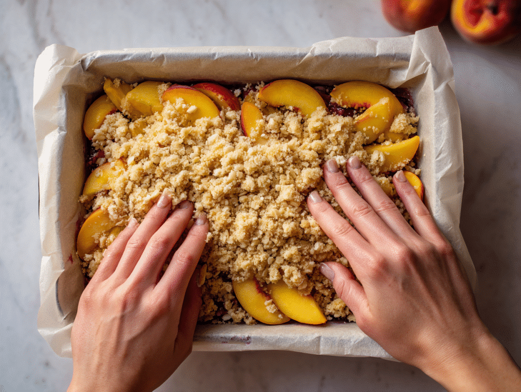 Spreading cheesecake mixture over crust