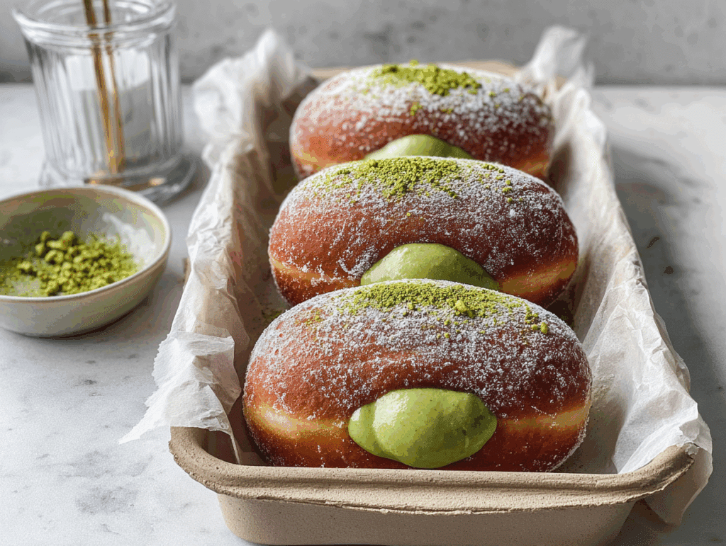 Matcha cream–filled donuts served on a plate