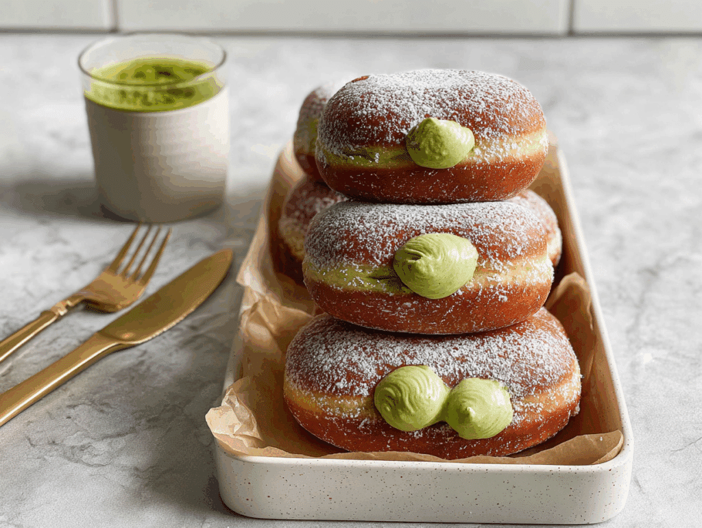 Matcha donuts with cream filling on rustic parchment