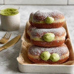 Matcha donuts with cream filling on rustic parchment
