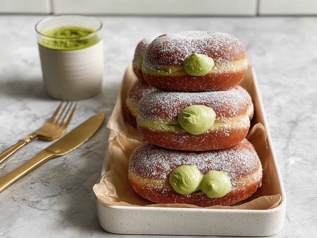 Matcha donuts with cream filling on rustic parchment