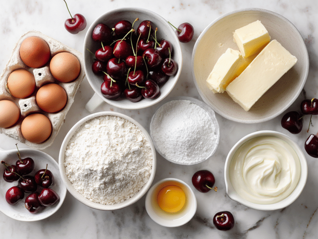 Ingredients for cake with cherries and cream