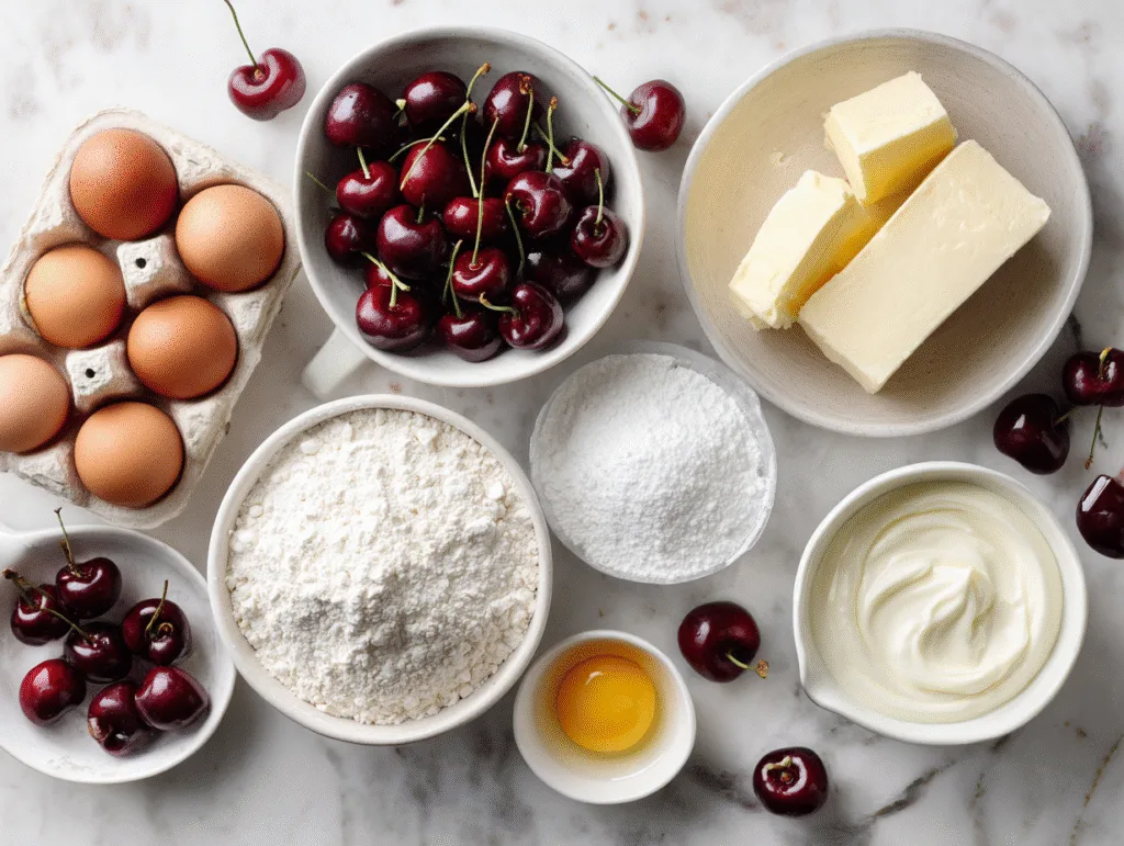 Ingredients for cake with cherries and cream