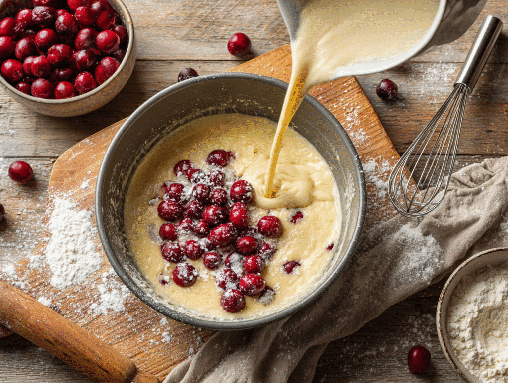 Pouring batter for cherry and cream cake