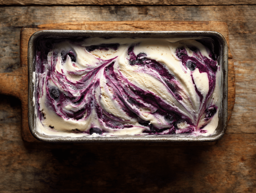 Swirling blueberry sauce into vanilla ice cream