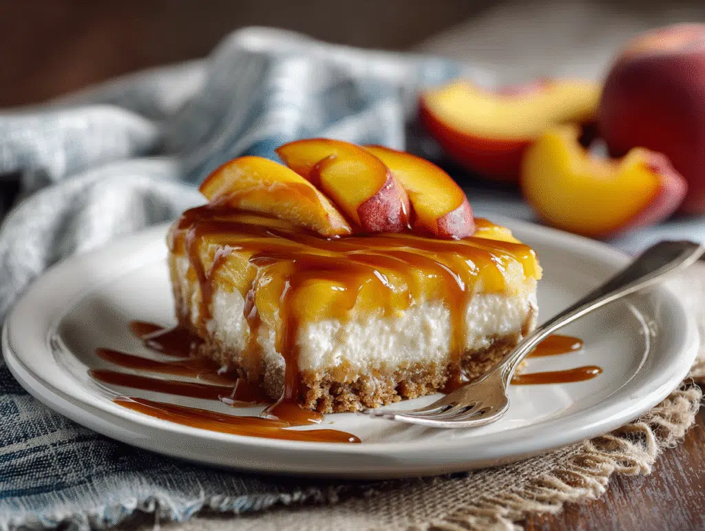 Served peach cobbler cheesecake bars on plate with peaches