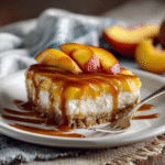 Served peach cobbler cheesecake bars on plate with peaches