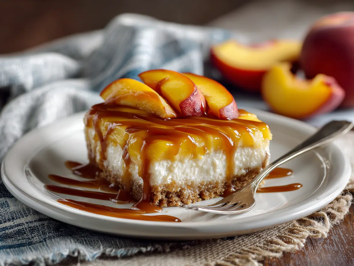 Served peach cobbler cheesecake bars on plate with peaches