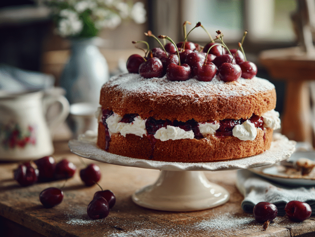 Cake with cherries and cream on white stand