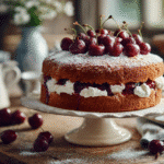 Cake with cherries and cream on white stand