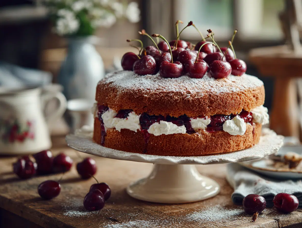 Cake with cherries and cream on white stand