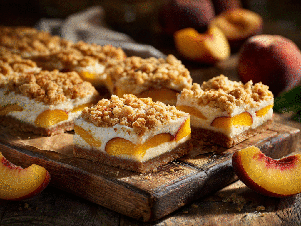 Peach Cobbler Cheesecake Bars on rustic tray with peach slices