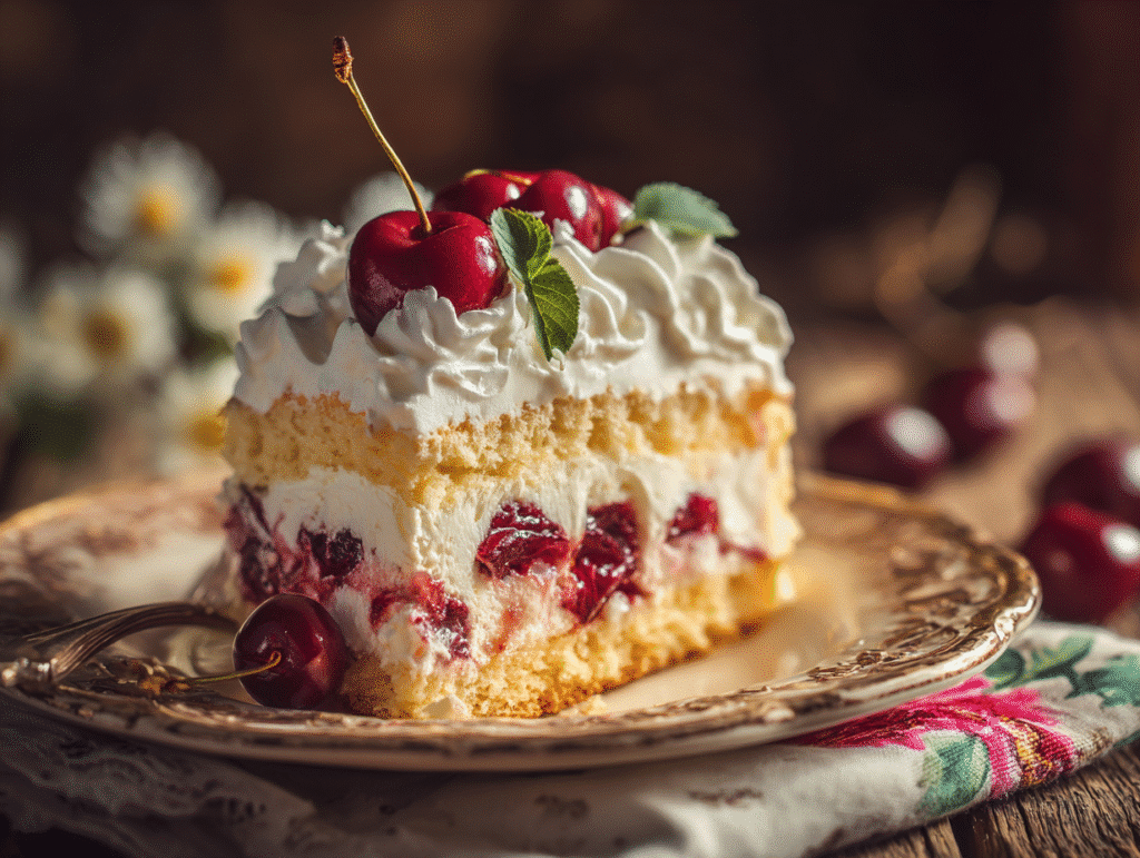 Slice of cake with cherries and cream served