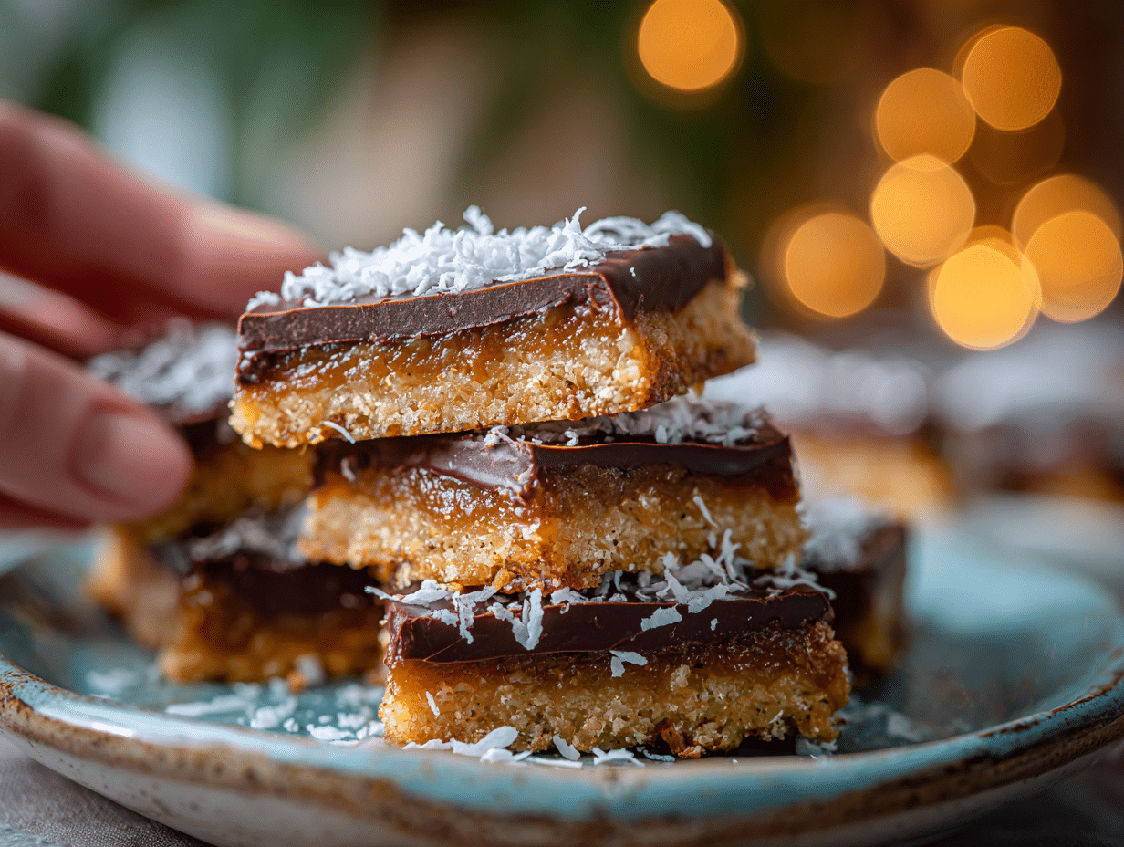 Served date candy bars stacked on a plate with coconut topping