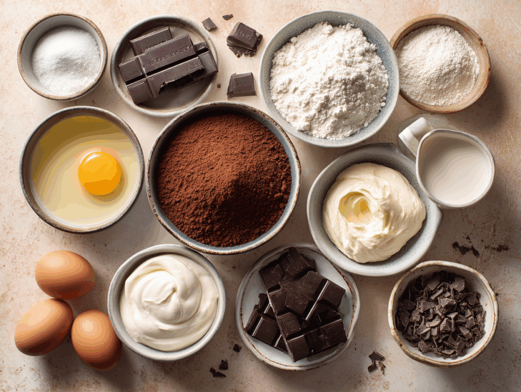 Brownie and mousse ingredients in bowls