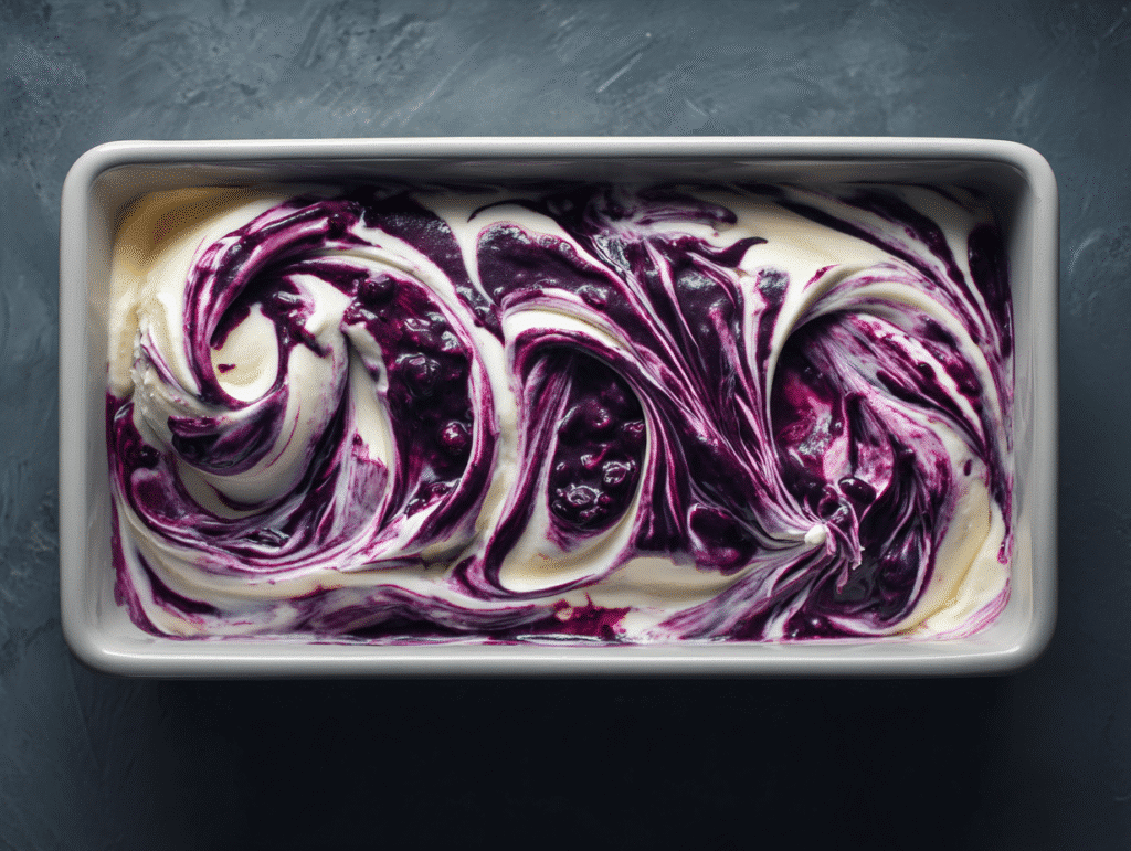 Blueberry & vanilla swirl ice cream in a loaf pan