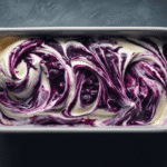 Blueberry & vanilla swirl ice cream in a loaf pan