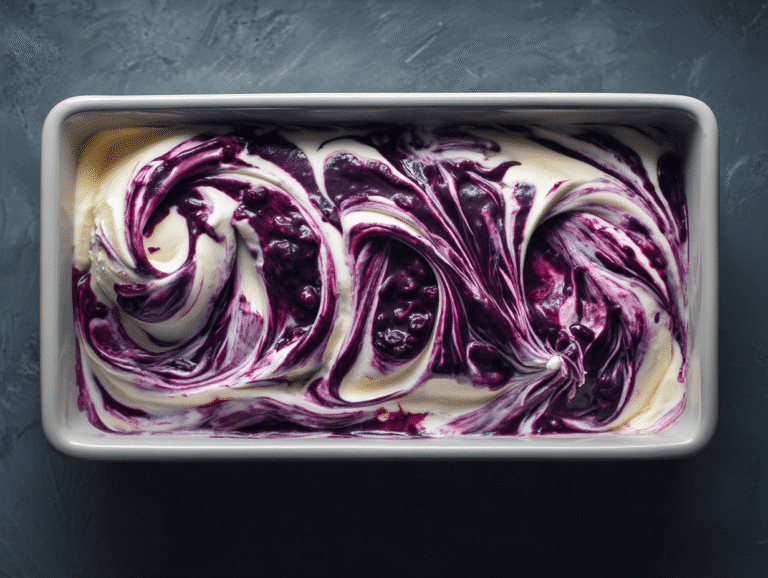 Blueberry & vanilla swirl ice cream in a loaf pan