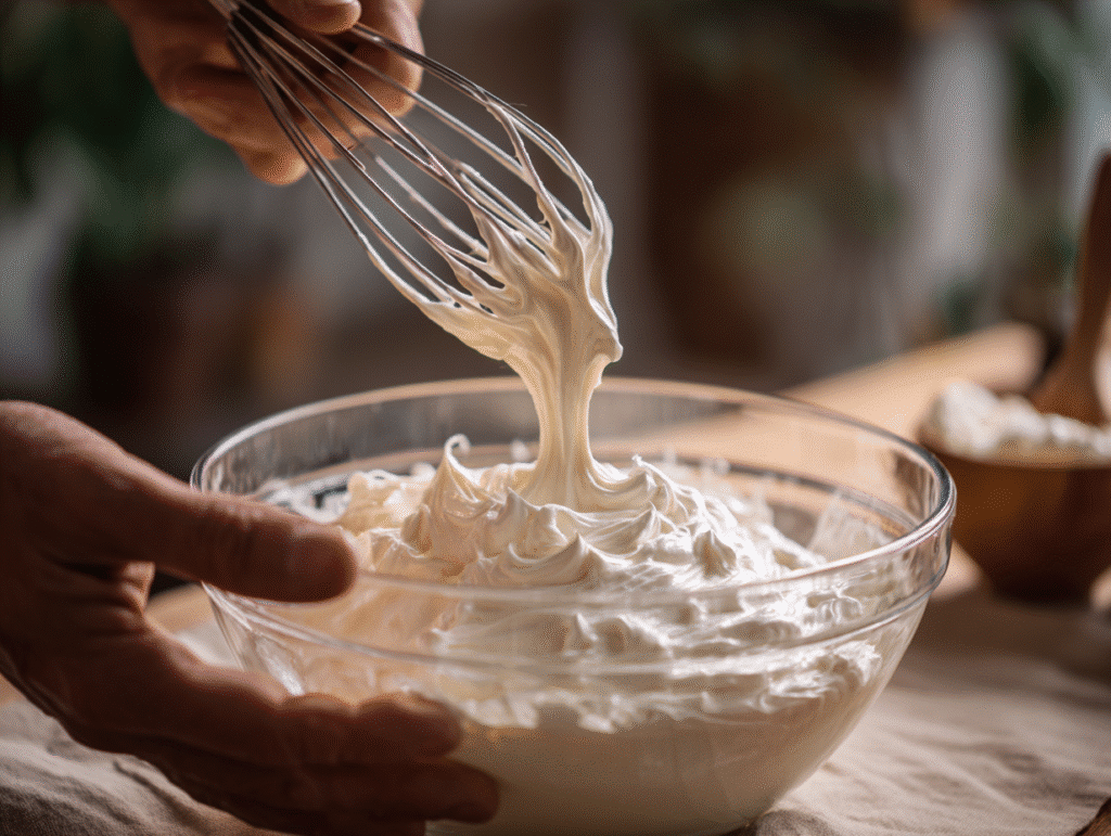 Folding cream into vanilla base for ice cream