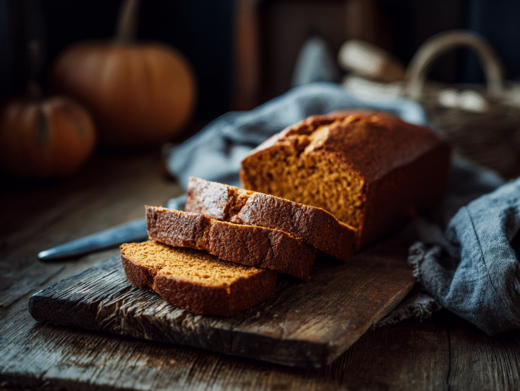 Moist Pumpkin Bread on rustic table