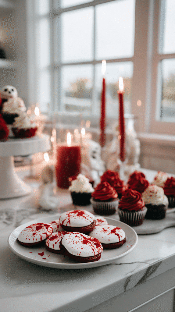 Blood splatter cookies on a Halloween party table