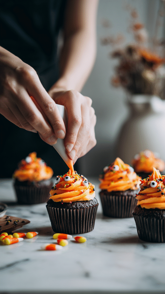 Decorating Halloween Chocolate Cupcakes with frosting