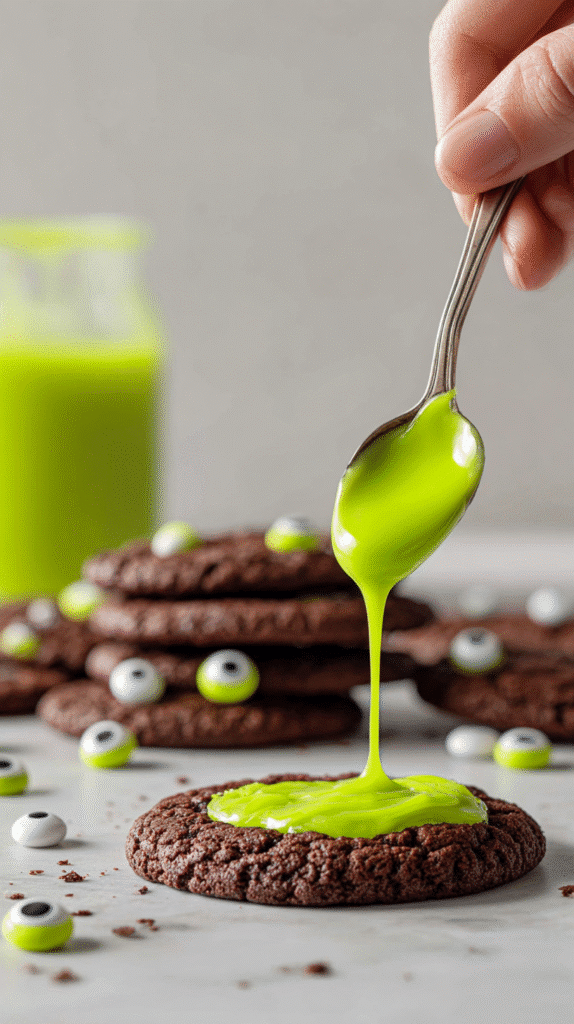 Filling Halloween cookies with green slime