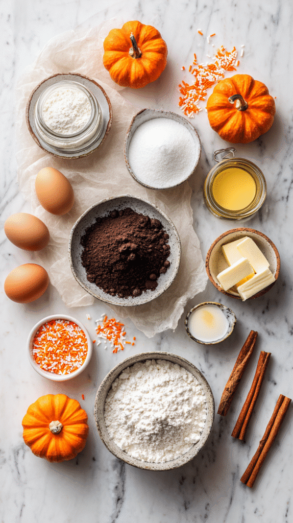Halloween Chocolate Cupcakes ingredients flat lay