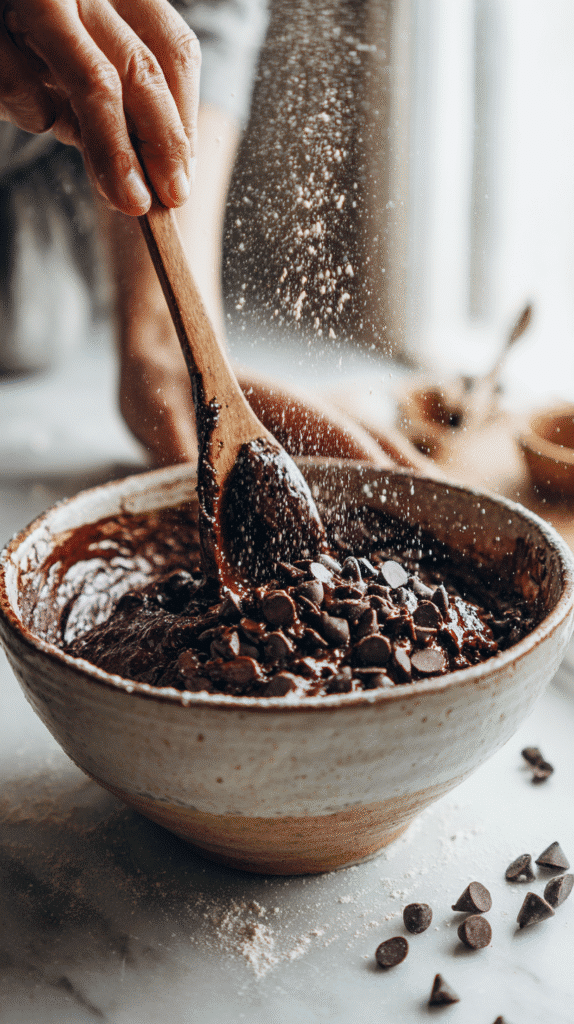 Mixing chocolate cookie dough for Halloween cookies