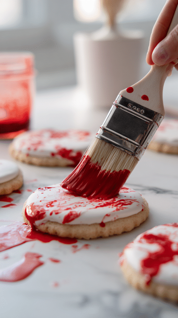 Splattering red dye on iced cookies