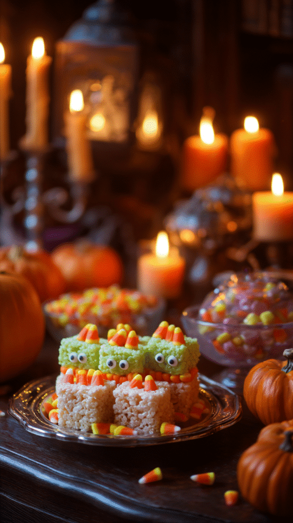 Serving Frankenstein Rice Krispie Treats at Halloween