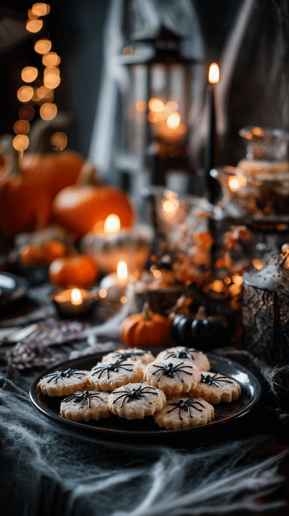 Halloween peanut butter spider cookies on serving plate